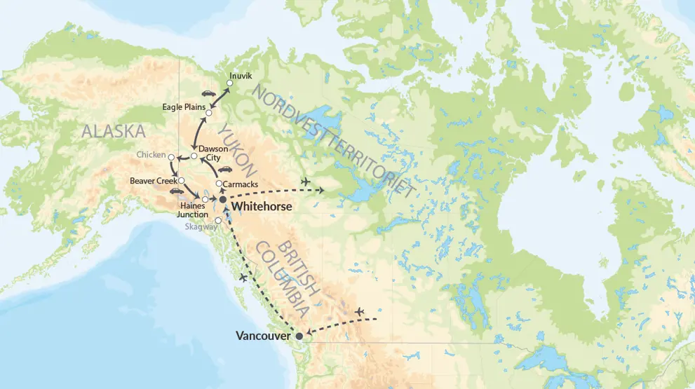 Kør selv ferie ruteforslag i Yukon og Alaska.
