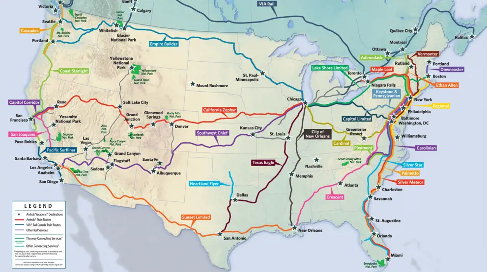 Som man kan se på dette Amtrak-kort, er der masser af muligheder for din togferie i USA.